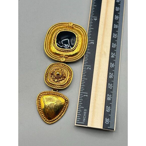 Matte Gold Tone Oversized Pin Brooch Etruscan Revival Geometric Black Enamel - Picture 6 of 6